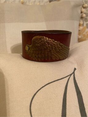 Leather Cuff Bracelet with Brass Angel Wing Accent
